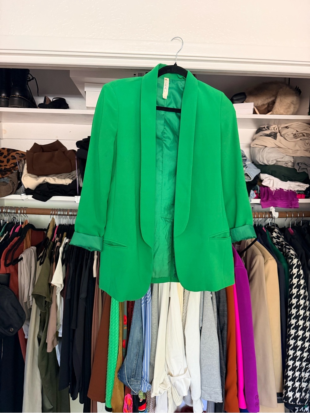 Mural oversized open front tuxedo green bright print blazer bundle XS S - Picture 6 of 13